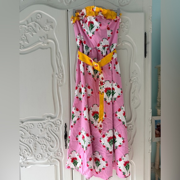 NWT Sugarlips Maia Floral Strapless Dress with Yellow Ruffle Edge and Belt - Picture 6 of 7